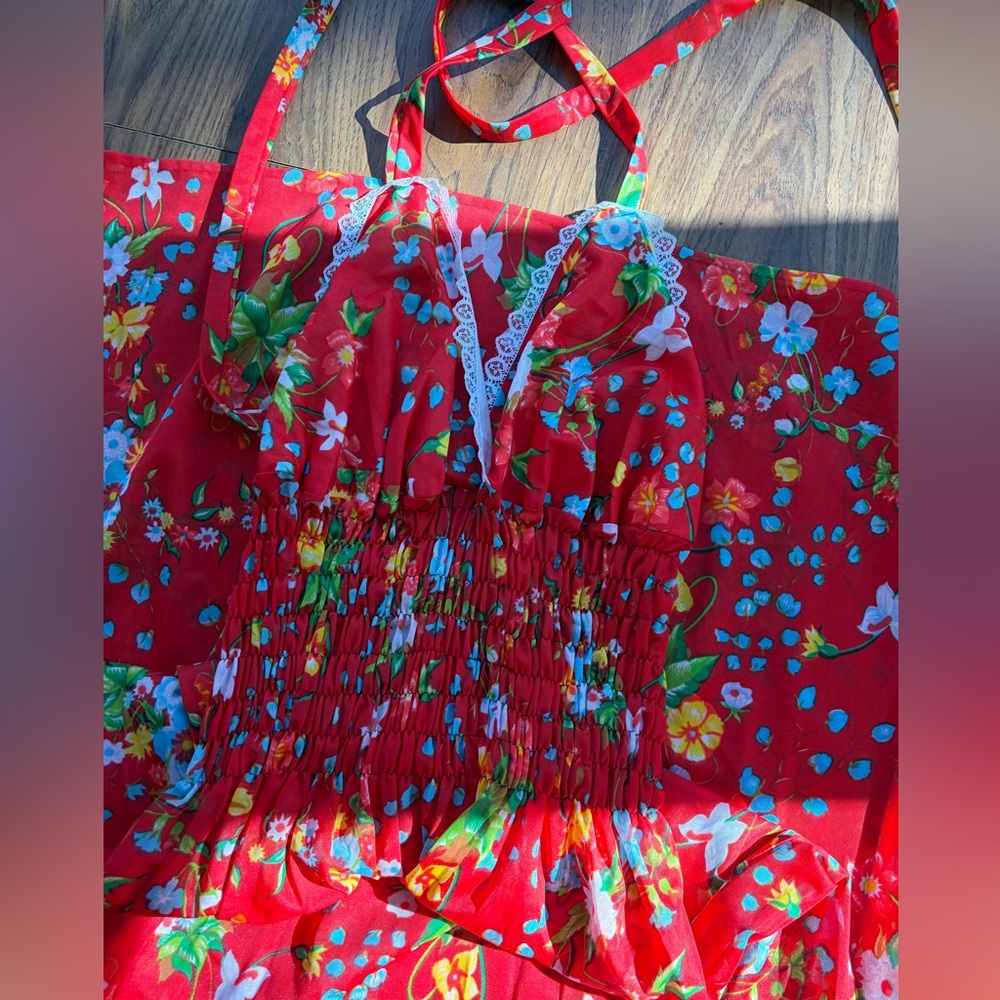 Vintage 70s Red Floral Maxi Dress with Multicolor Flowers - Picture 7 of 9